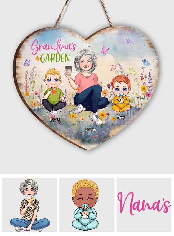 Jardin de grand-mère - Panneau en bois personnalisé en forme de grand-mère