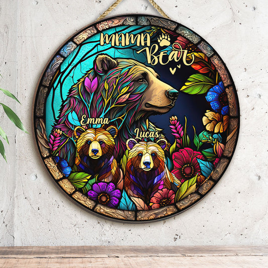 Maman Ours - Panneau rond en bois personnalisé « Maman Ours »