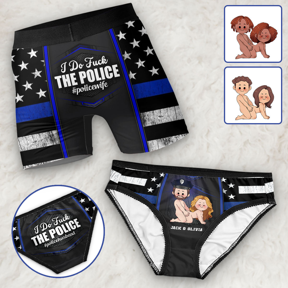 J'adore la police - Culottes femme et boxers homme personnalisés avec bordure en dentelle, motif policier