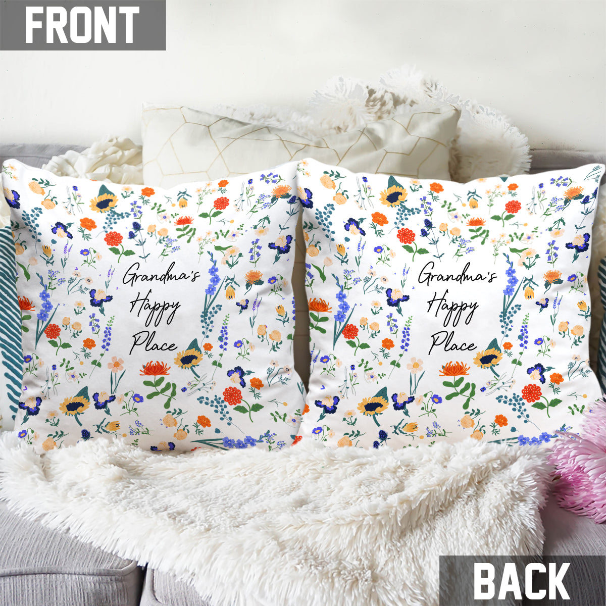 Coussin décoratif personnalisé « Happy Place » style floral botanique pour grand-mère (titre original : Any Title)