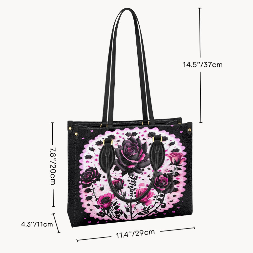 Sac à main en cuir personnalisé « Mère, Grand-mère et Enfants » avec roses noires et roses