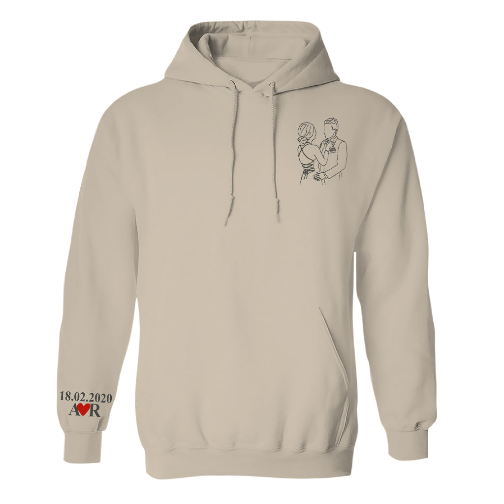 Sweat à capuche brodé personnalisé pour couple avec photo au trait