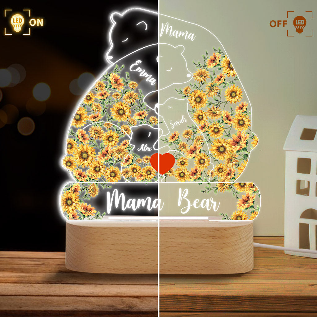 Plaque lumineuse personnalisée « Maman Ours Tournesol » - Socle lumineux en forme de mère