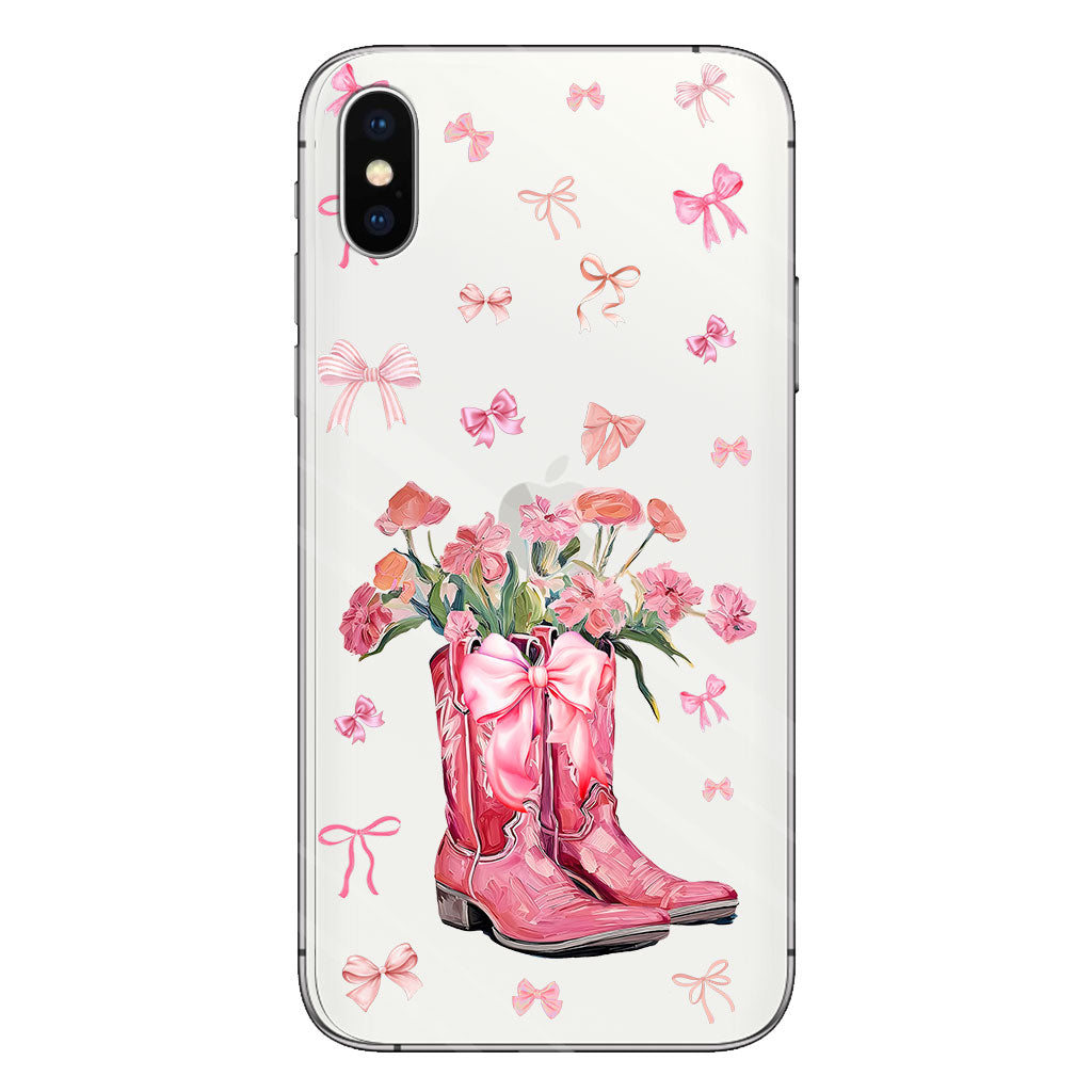 Bottes de cowgirl Coquette - Coque de téléphone transparente personnalisée avec motif cheval