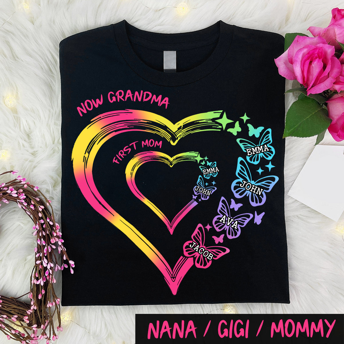 Any Title Of Mother And Grandma Double Heart Colorful - Personalized Grandma T-shirt And Hoodie