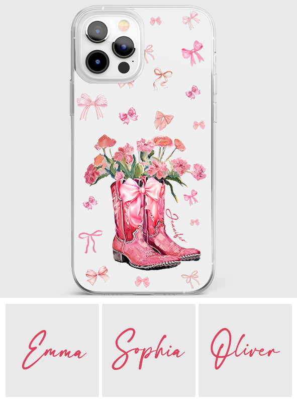Bottes de cowgirl Coquette - Coque de téléphone transparente personnalisée avec motif cheval