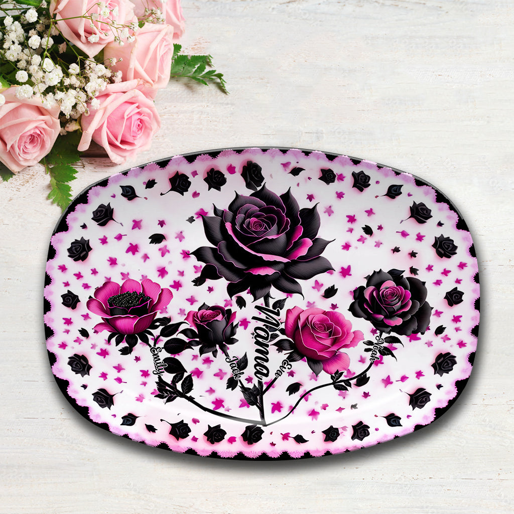 Assiette personnalisée « Mère, Grand-mère et Enfants » avec roses noires et roses