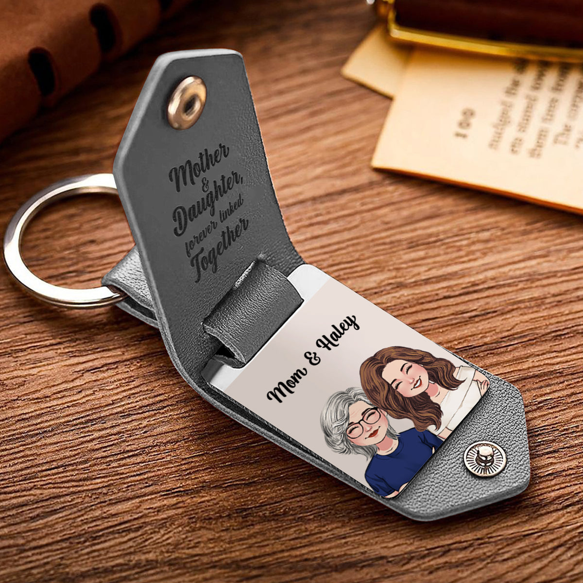 Mother And Daughter And Son Forever Linked Together - Personalized Mother Leather Photo Keychain