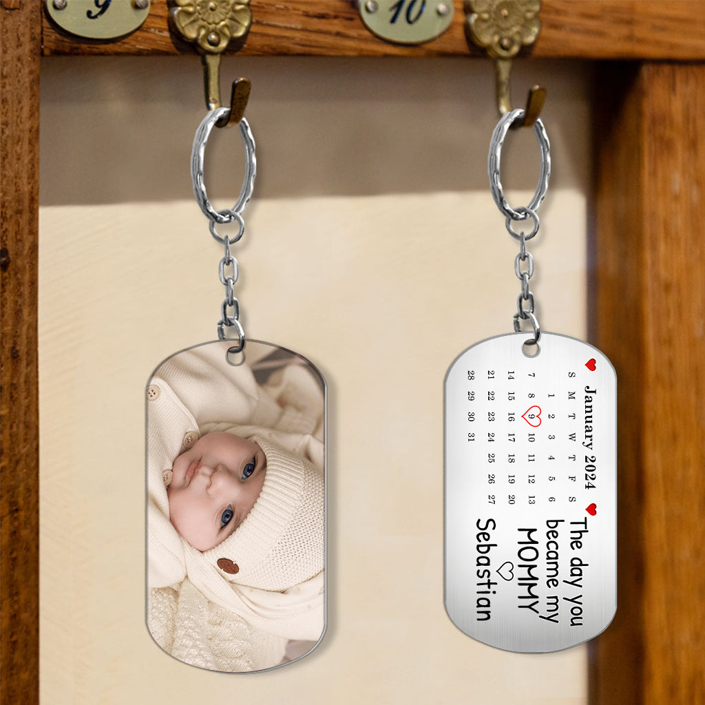 Calendrier photo personnalisé « Le jour où tu es devenu(e) ma maman/mon papa » - Porte-clés personnalisé en acier inoxydable pour maman