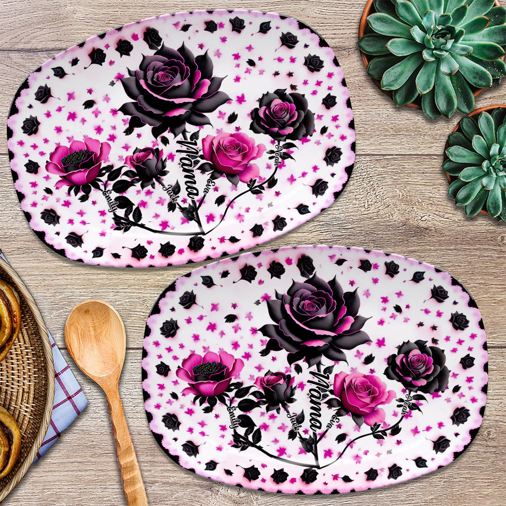 Assiette personnalisée « Mère, Grand-mère et Enfants » avec roses noires et roses