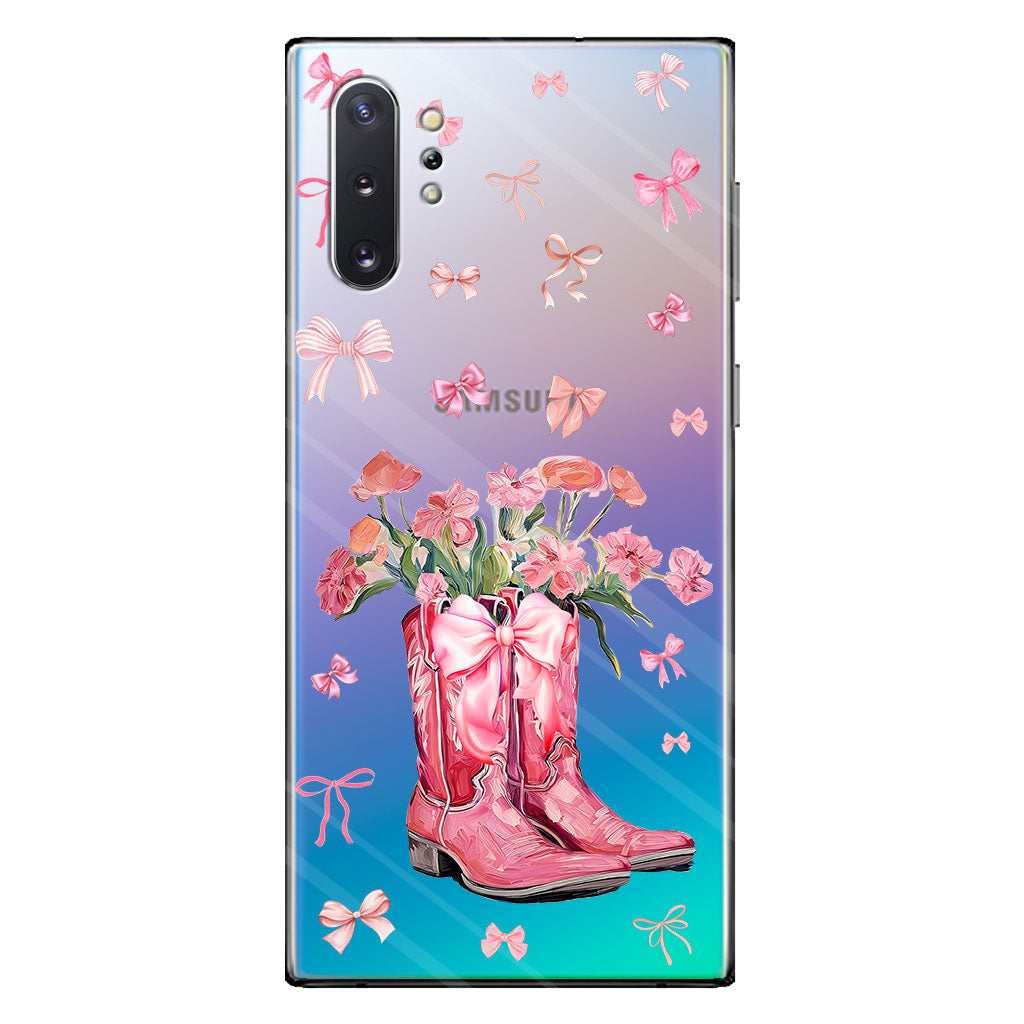 Bottes de cowgirl Coquette - Coque de téléphone transparente personnalisée avec motif cheval