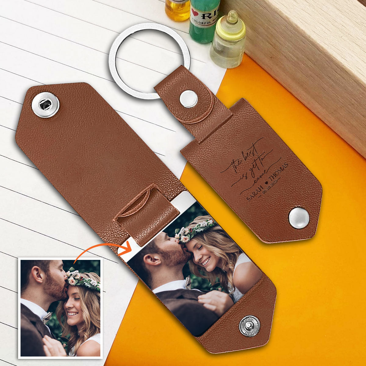 Le meilleur est à venir - Cadeau de mariage pour mari, femme, petit ami, petite amie - Porte-clés photo personnalisé en cuir