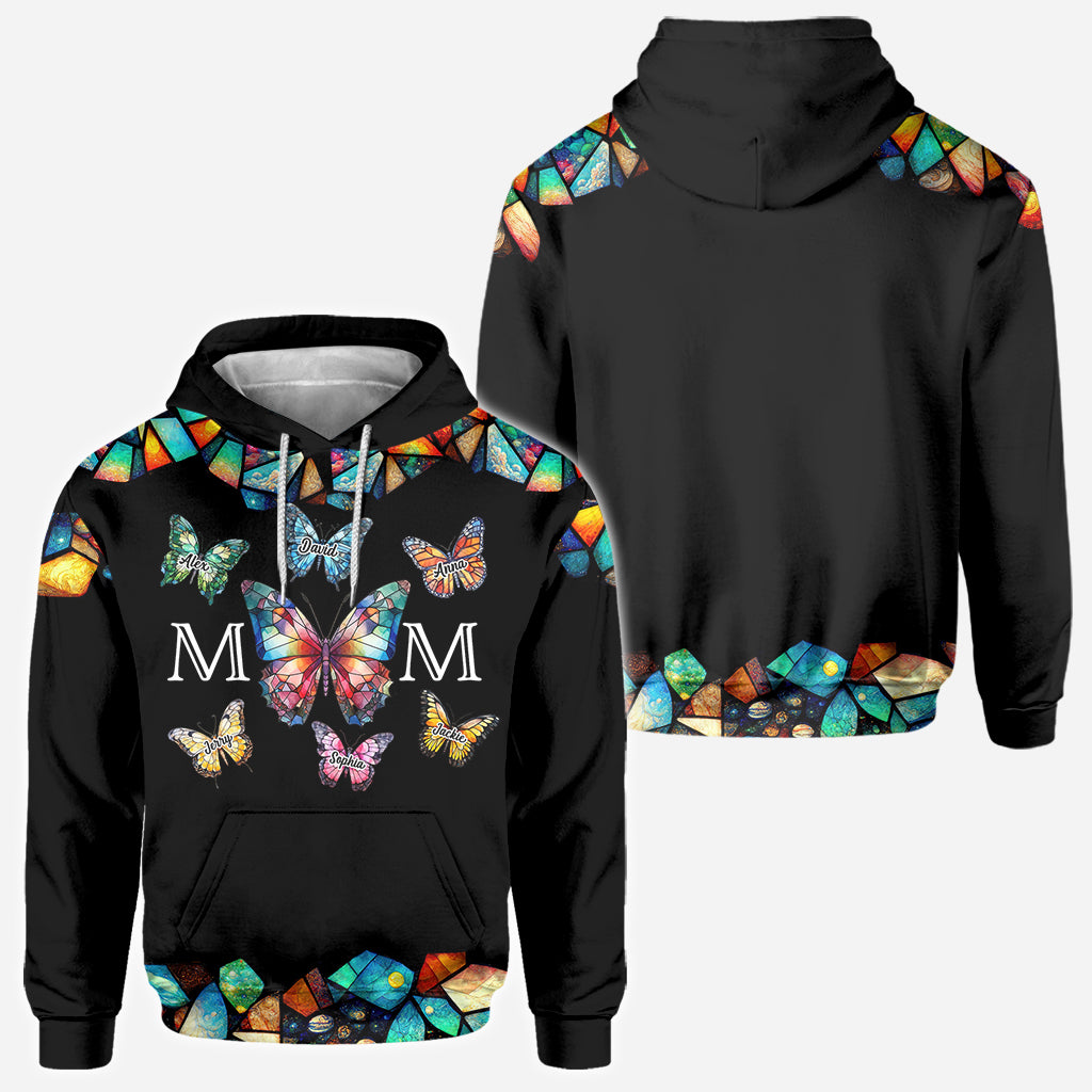 T-shirt personnalisé « Maman Papillon Motif Vitrail Coloré » - T-shirt intégral à motif papillon et papillon - Maman