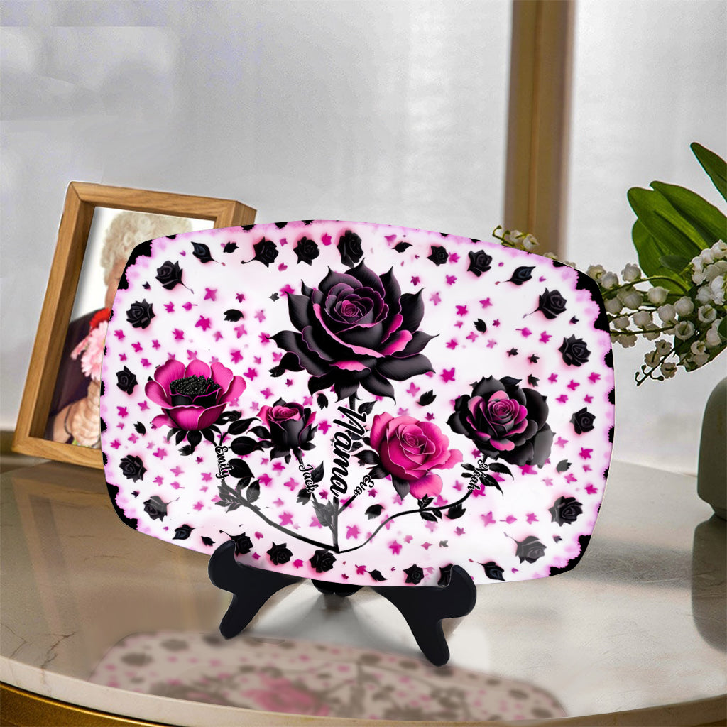Assiette personnalisée « Mère, Grand-mère et Enfants » avec roses noires et roses