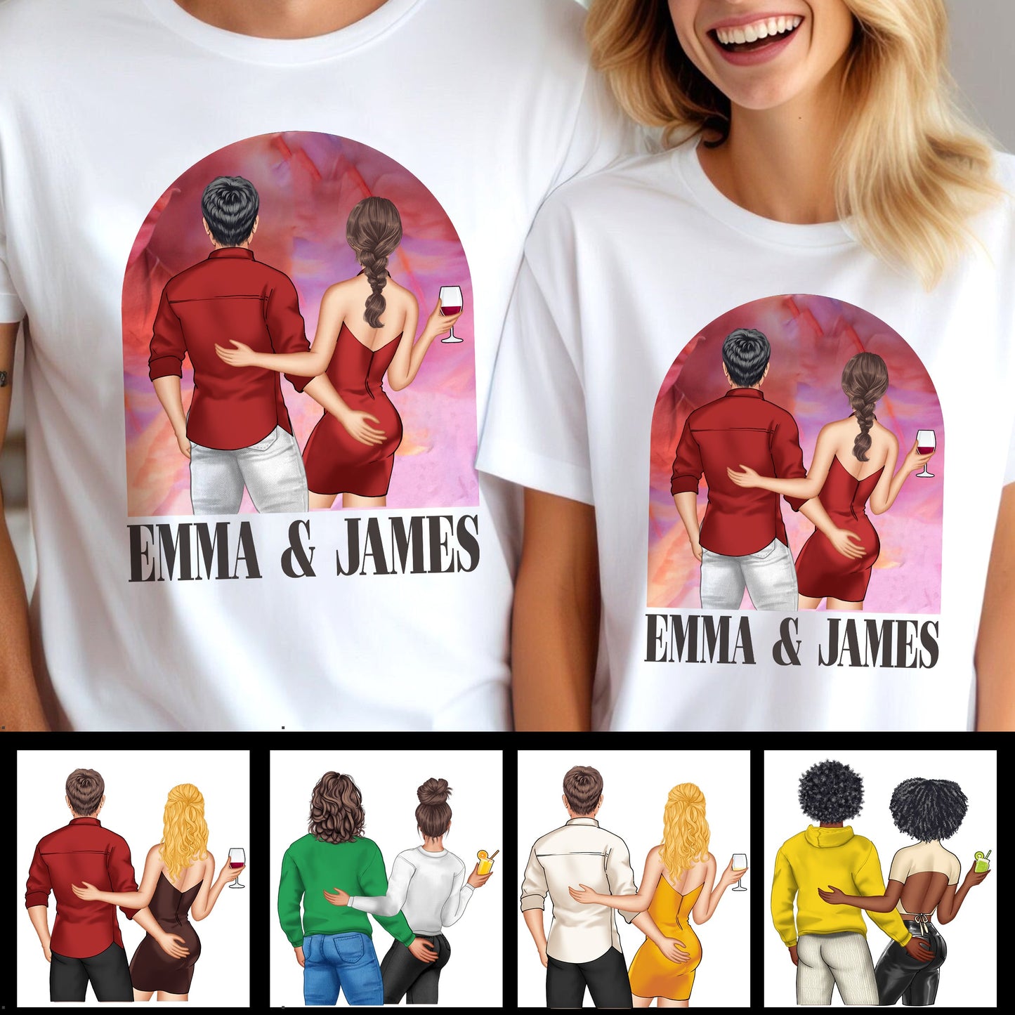 Couple sur fond rose de film - T-shirt et sweat à capuche personnalisés pour couple