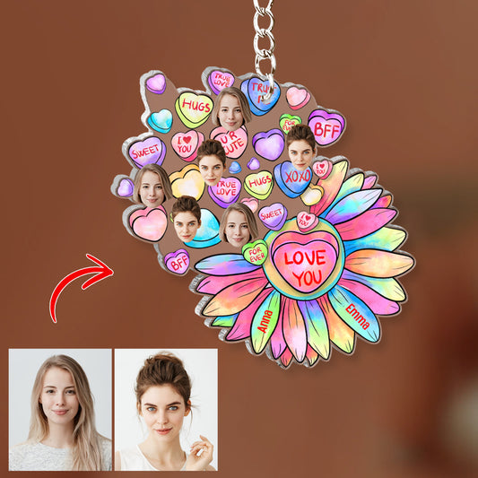 Porte-clés transparent personnalisé en forme de cœur et de fleur pour meilleure amie - BFF avec visage