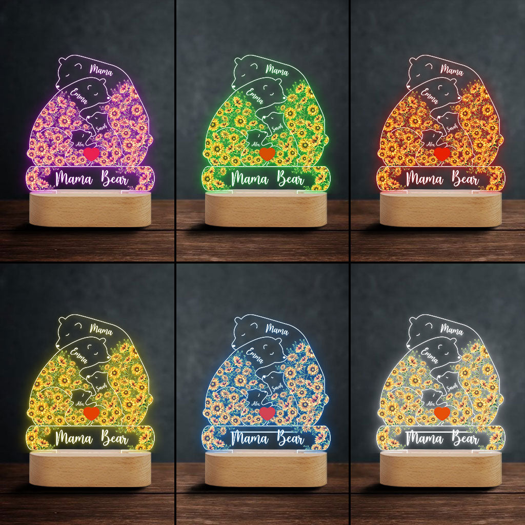 Plaque lumineuse personnalisée « Maman Ours Tournesol » - Socle lumineux en forme de mère
