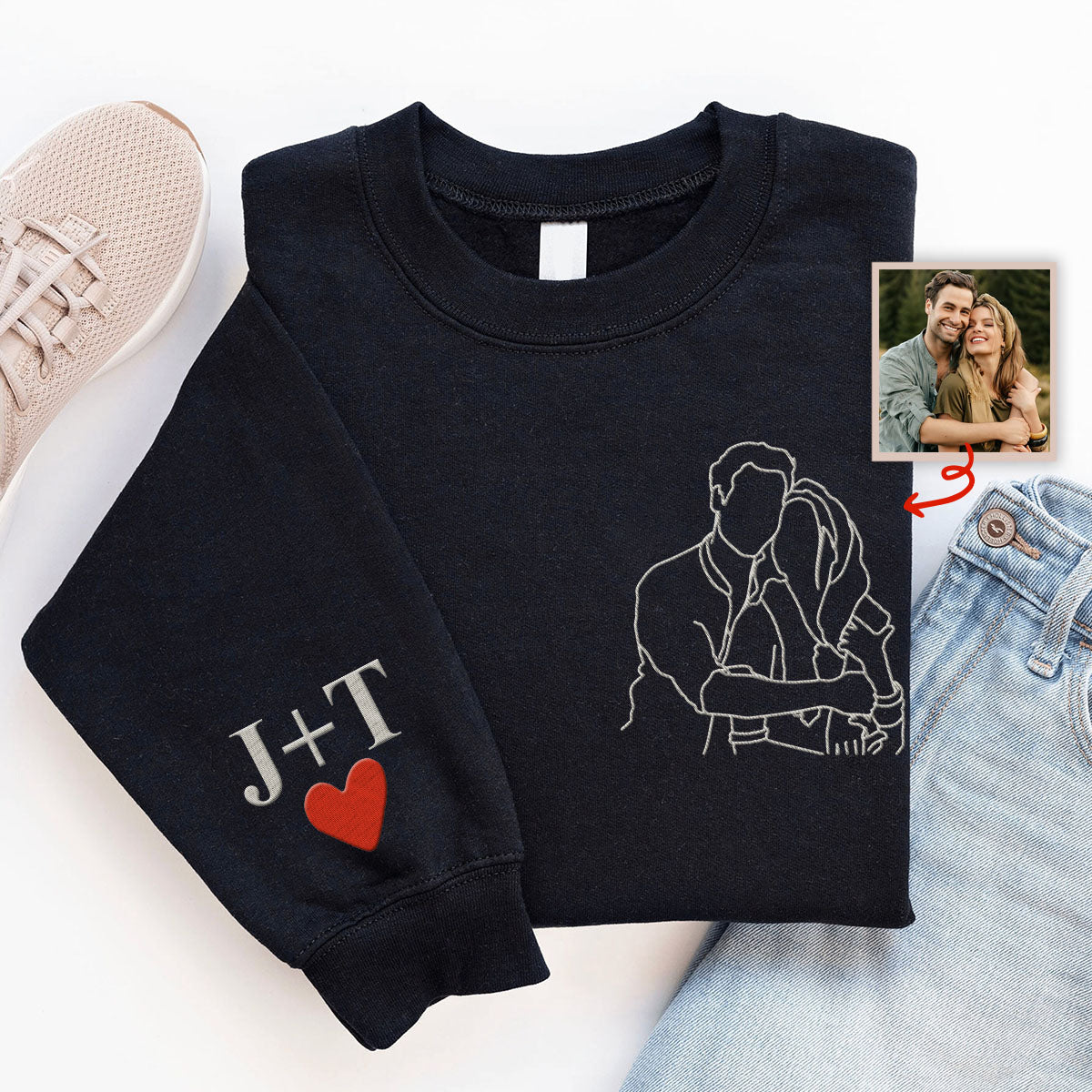 Pull brodé personnalisé pour couple avec photo au trait