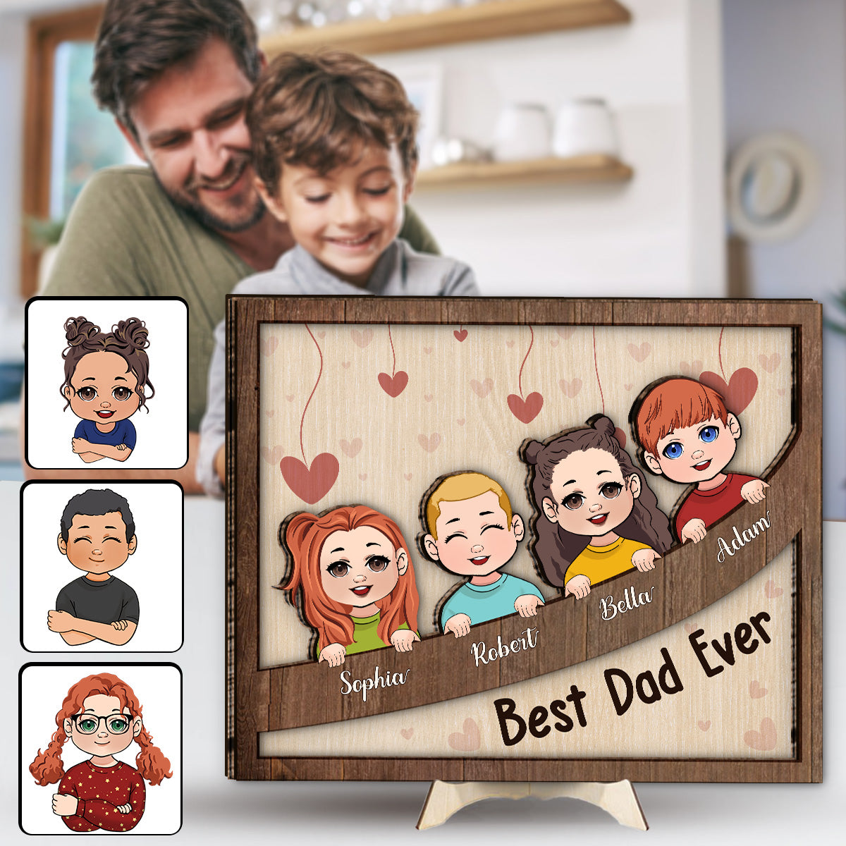 Meilleur papa, maman, grand-mère, grand-père pour toujours - Plaque en bois personnalisée 2 couches pour papa (Chibi Kids)