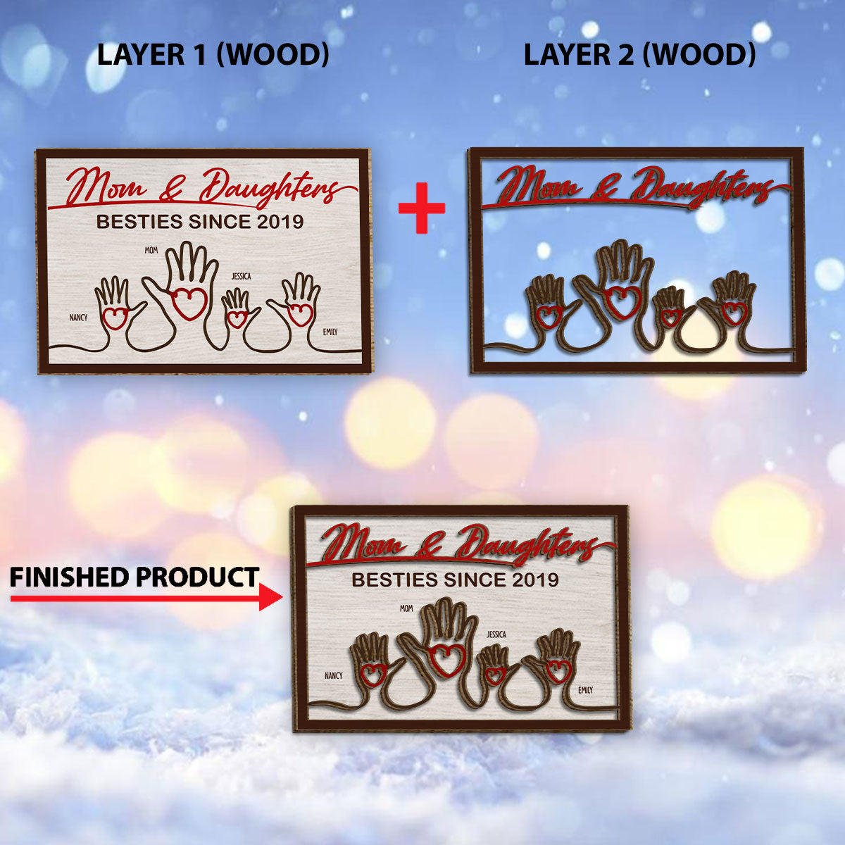 Mains de la mère et des enfants - Plaque en bois personnalisée à 2 couches « Mère »