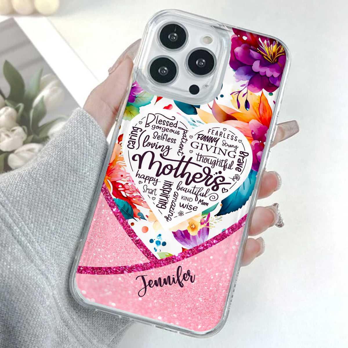 Coque de téléphone transparente personnalisée « Maman est belle » à motif floral vibrant