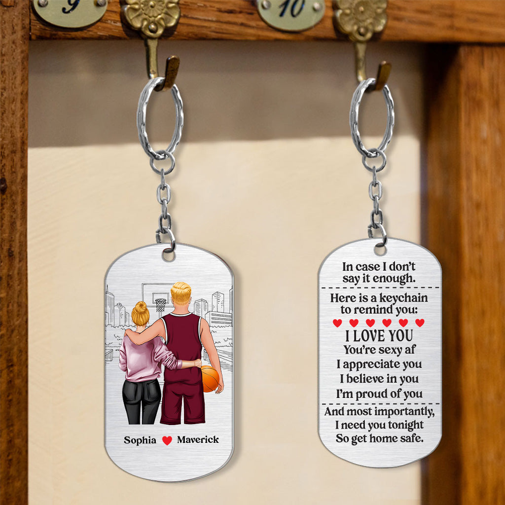 Rentrez chez vous en toute sécurité - Porte-clés personnalisé en acier inoxydable sur le thème du basketball