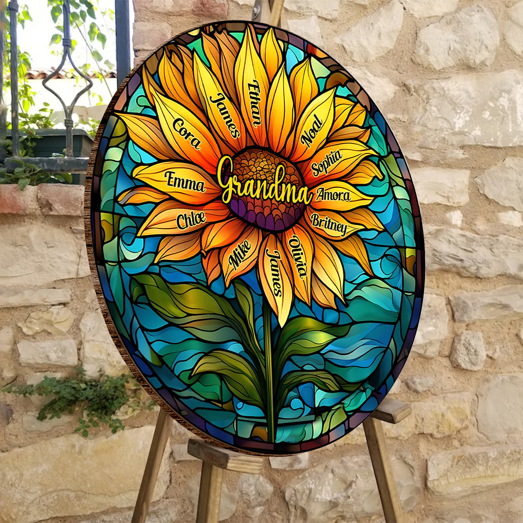Panneau rond en bois personnalisé « Tournesol en vitrail » - Grand-mère