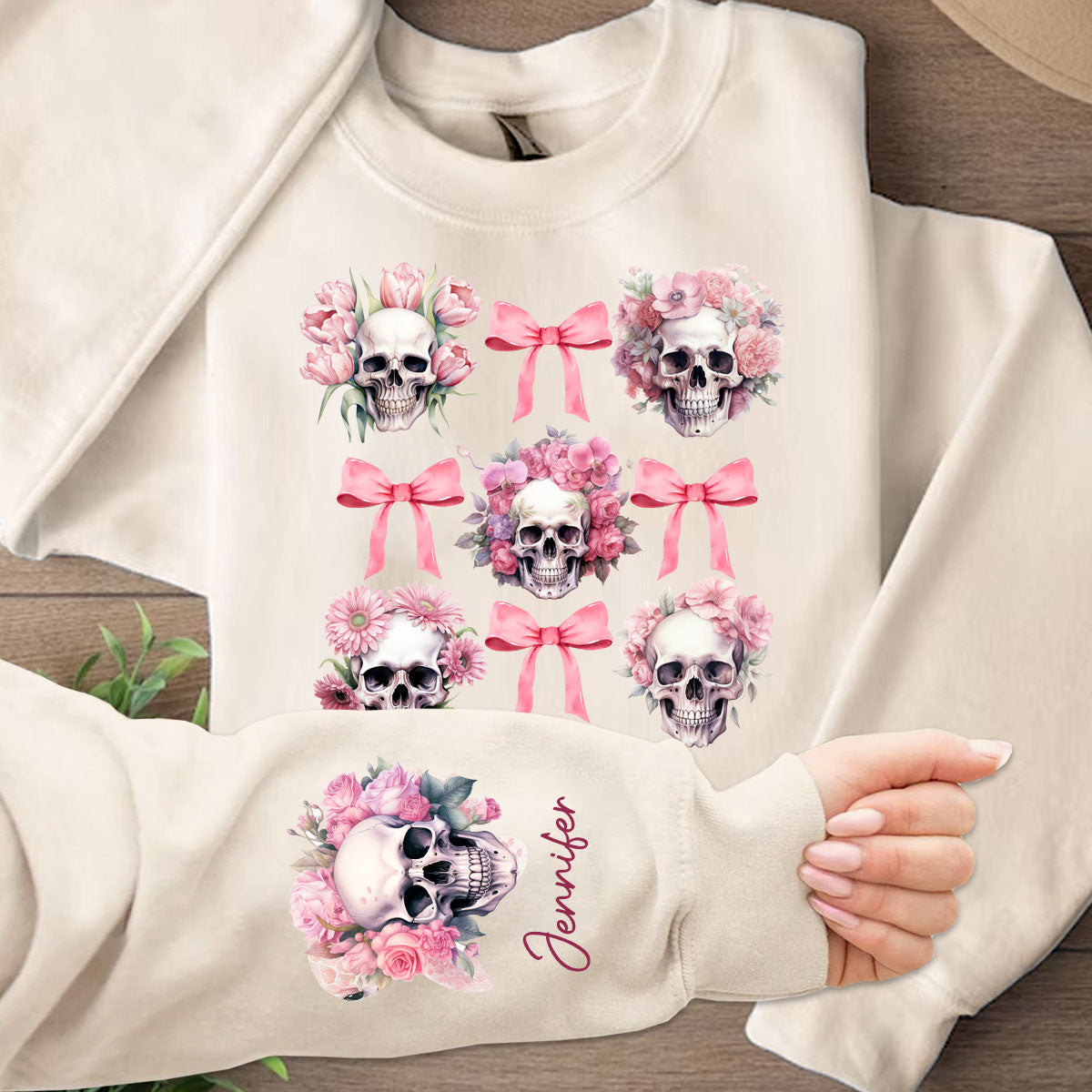 T-shirt personnalisé avec nœud papillon rose et motif tête de mort aquarelle - T-shirt à motif tête de mort intégrale
