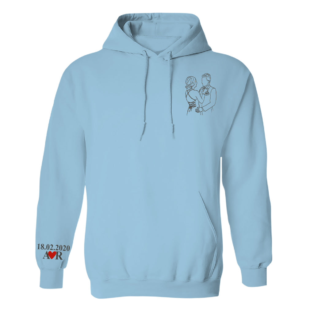 Sweat à capuche brodé personnalisé pour couple avec photo au trait