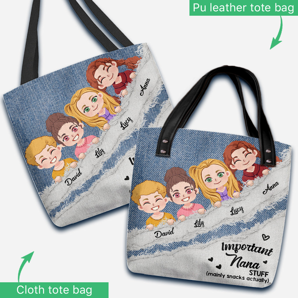 Sac fourre-tout personnalisé « Important Nana Stuff » à motif denim - Sac fourre-tout pour grand-mère