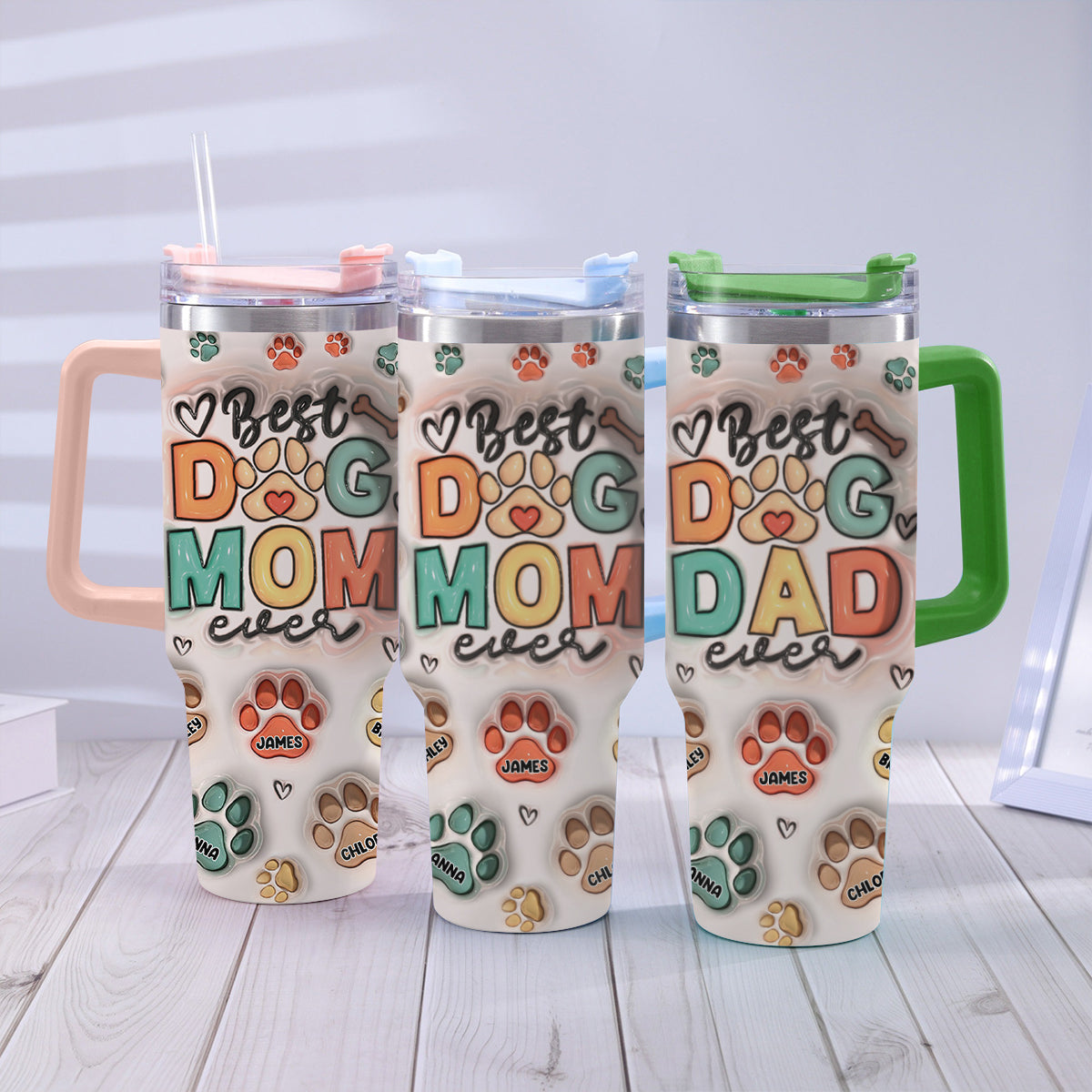 Meilleure maman/Meilleur papa d'animal de compagnie au monde - Gobelet gonflable personnalisé pour chien avec poignée