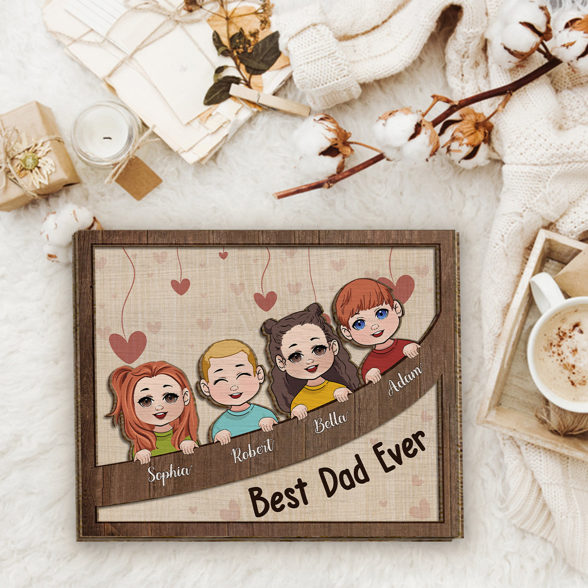 Meilleur papa, maman, grand-mère, grand-père pour toujours - Plaque en bois personnalisée 2 couches pour papa (Chibi Kids)