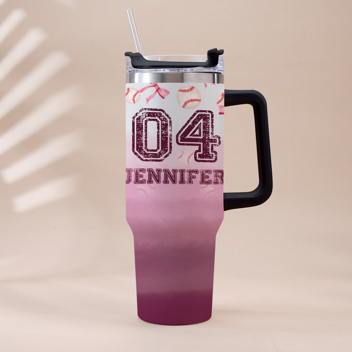 Baseball Coquette Ribbon Pink Gradient - Personalized Baseball Tumbler With Handle