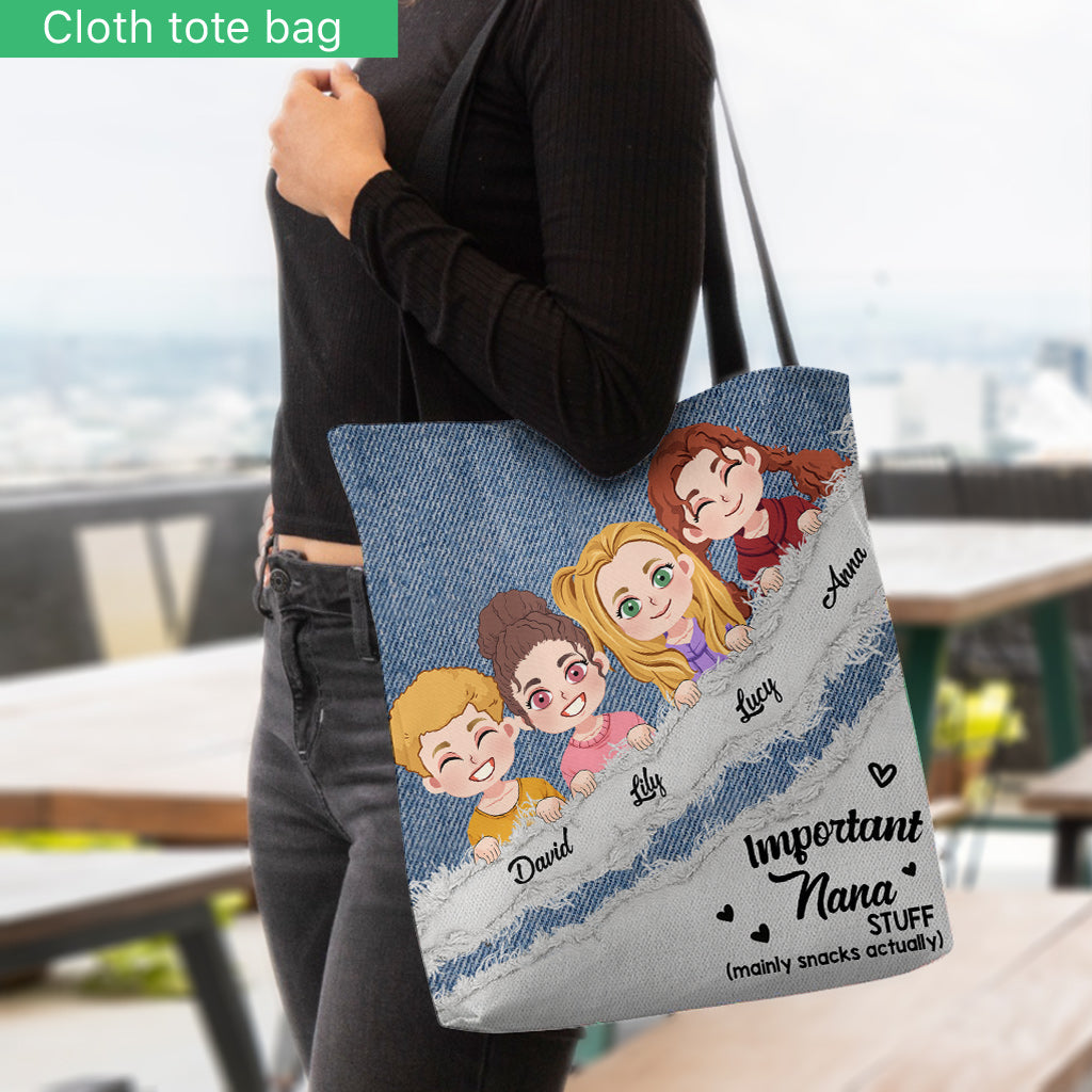 Sac fourre-tout personnalisé « Important Nana Stuff » à motif denim - Sac fourre-tout pour grand-mère