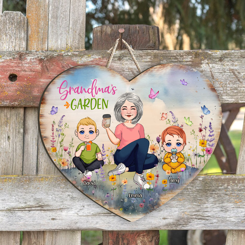 Jardin de grand-mère - Panneau en bois personnalisé en forme de grand-mère