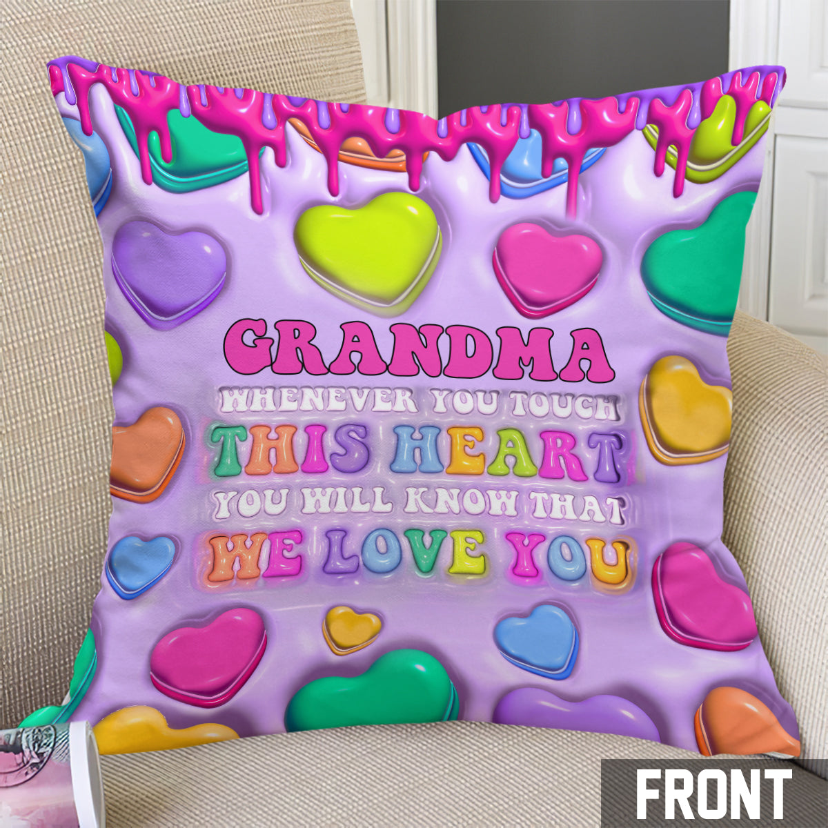 Touche ce cœur, je t'aime mamie, nana, gigi - Coussin décoratif personnalisé pour grand-mère