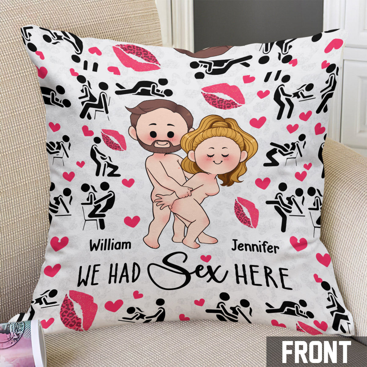 Nous avons fait l'amour ici et ici - Coussin décoratif personnalisé pour couple