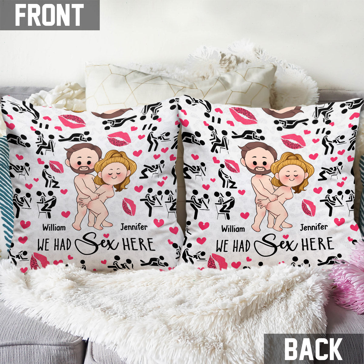 Nous avons fait l'amour ici et ici - Coussin décoratif personnalisé pour couple