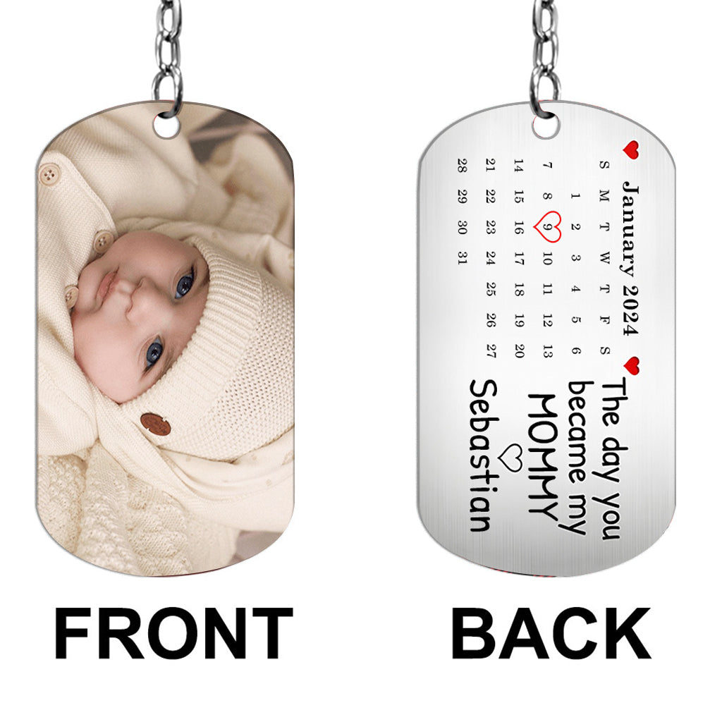Calendrier photo personnalisé « Le jour où tu es devenu(e) ma maman/mon papa » - Porte-clés personnalisé en acier inoxydable pour maman