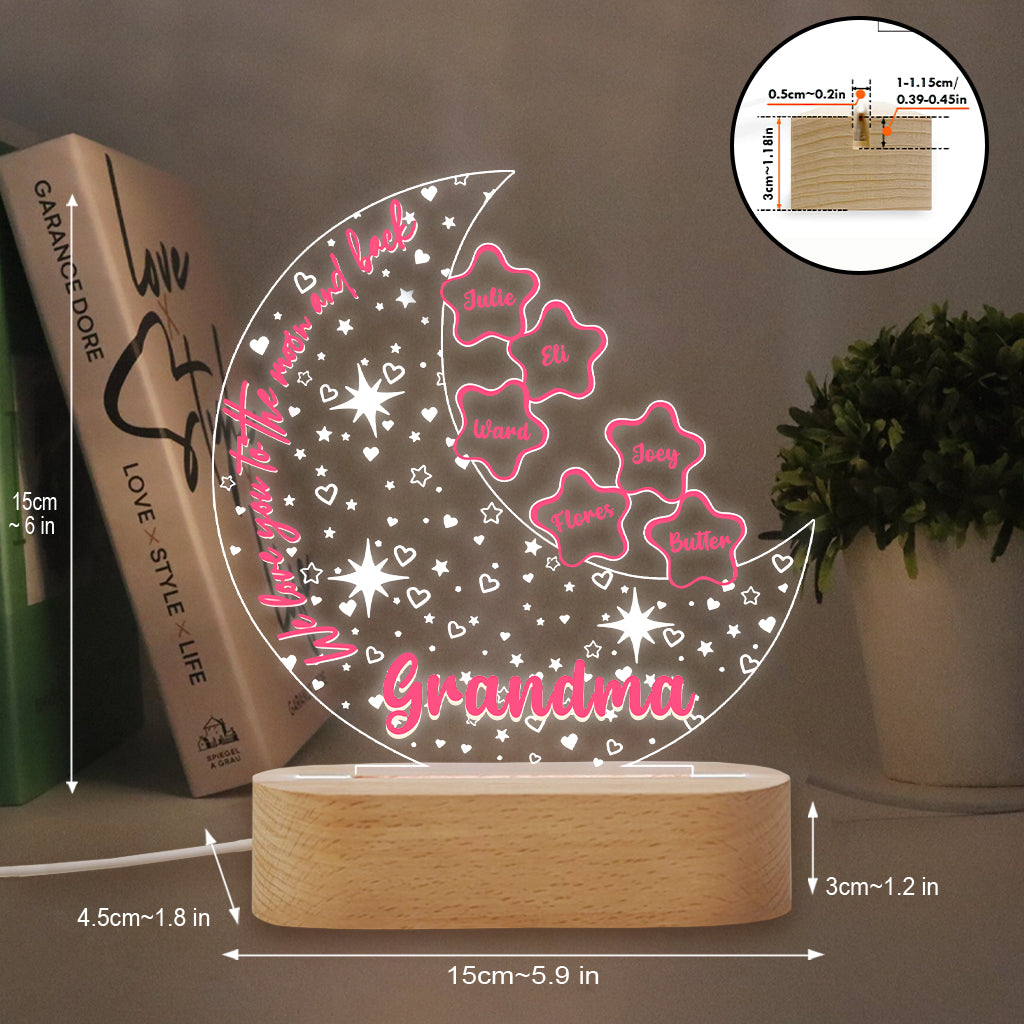 On t'aime jusqu'à la lune et retour - Plaque lumineuse personnalisée en forme de grand-mère