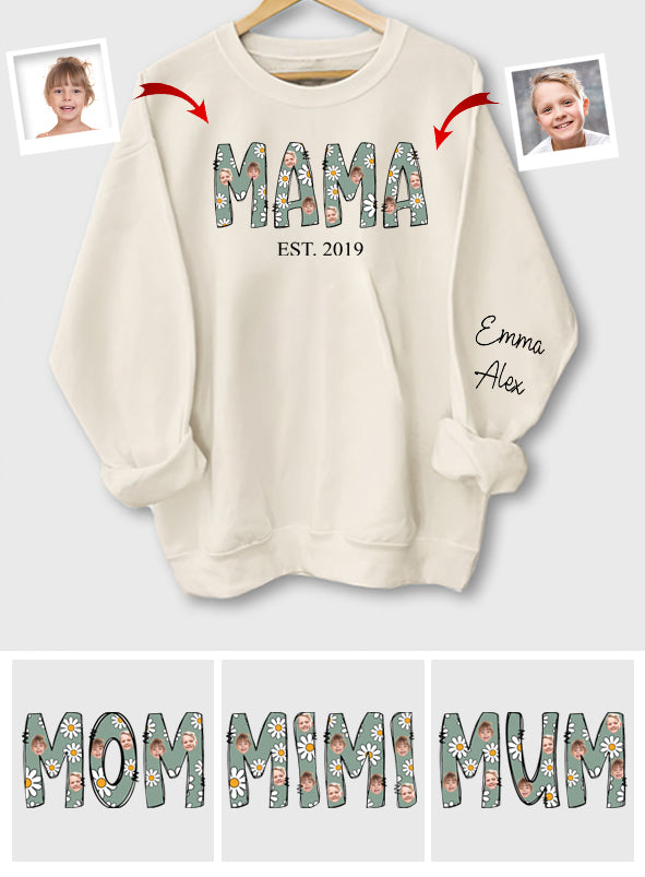 T-shirt personnalisé « Mama Est. Photo Face Daisy » - T-shirt intégral pour maman