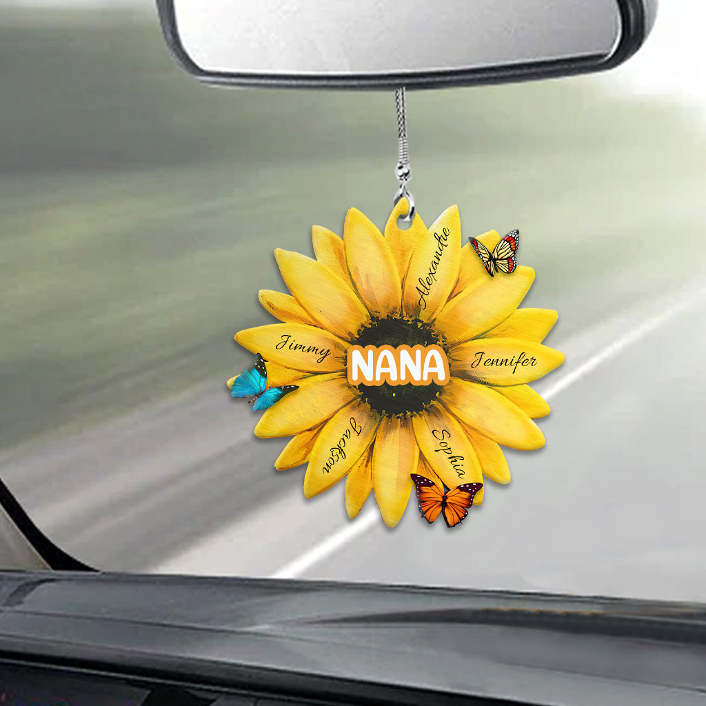 Tournesol personnalisé avec titre et prénom d'enfant - Ornement de voiture pour grand-mère
