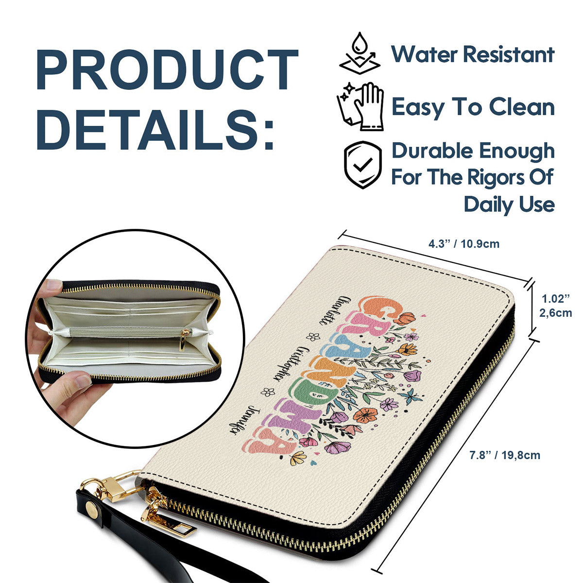 Portefeuille long en cuir personnalisé « Maman Grand-mère Floral »