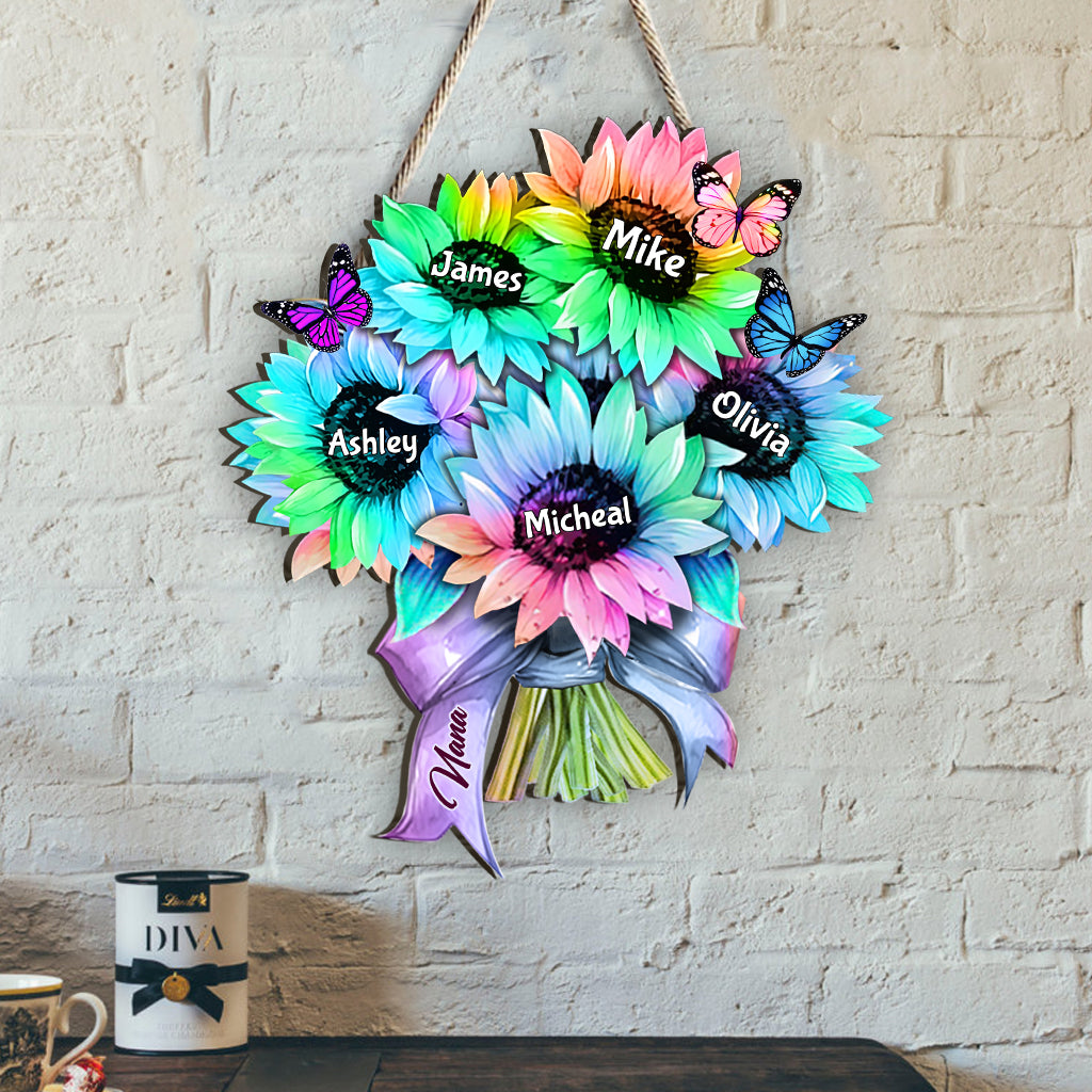 Sunflower Bouquet Custom Any Title And Name - Personalized Grandma Custom Shaped Wood Sign
