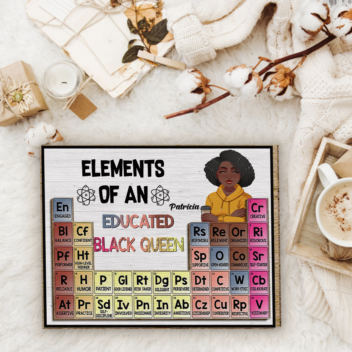 Éléments d'une reine noire instruite - Plaque en bois personnalisée afro-américaine à 2 couches