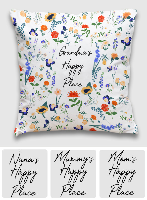 Coussin décoratif personnalisé « Happy Place » style floral botanique pour grand-mère (titre original : Any Title)
