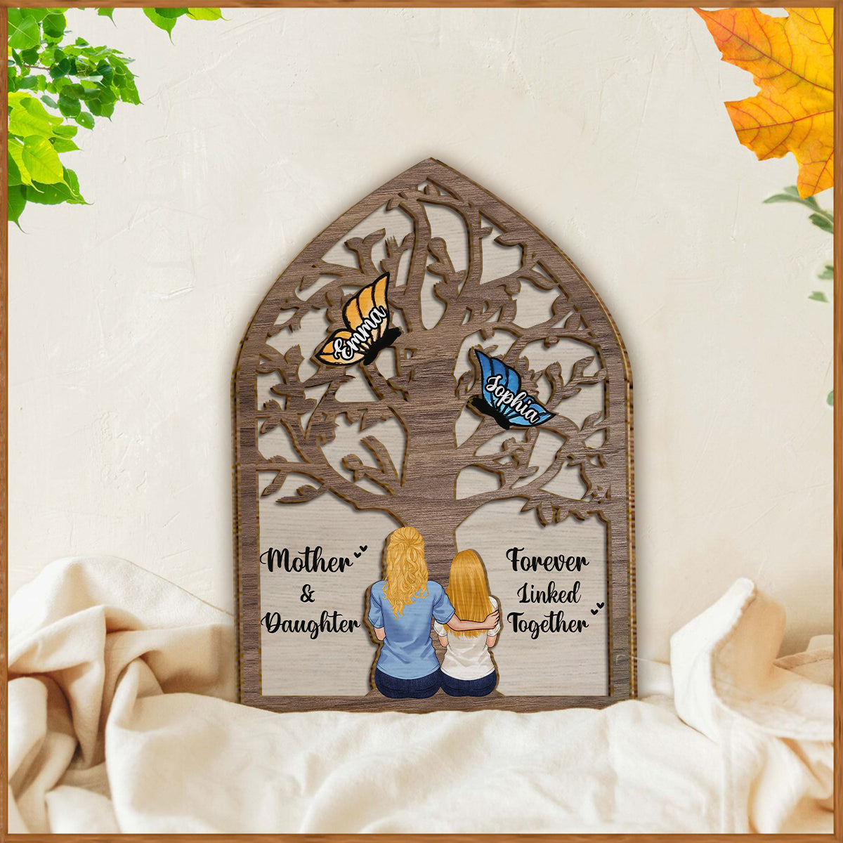 Mère, fille et fils unis pour toujours - Papillons - Plaque en bois personnalisée à 2 couches - Motif papillons