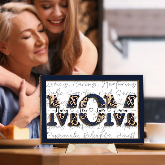 Plaque en bois personnalisée « Maman avec les noms de ses enfants » (2 couches)