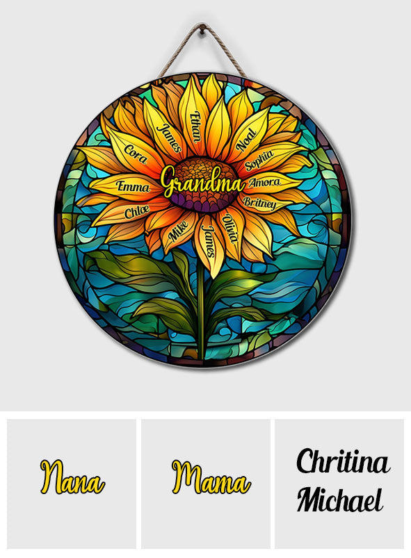 Panneau rond en bois personnalisé « Tournesol en vitrail » - Grand-mère