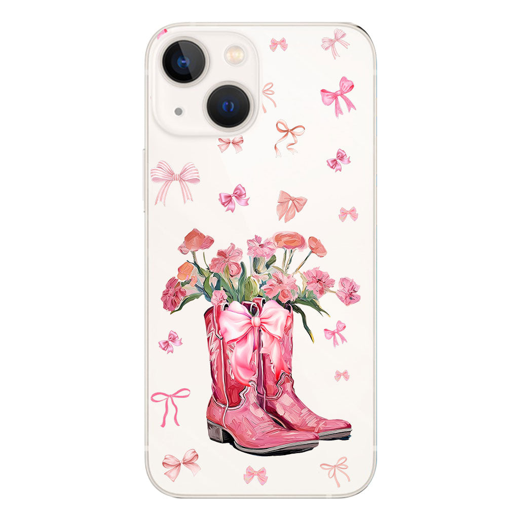 Bottes de cowgirl Coquette - Coque de téléphone transparente personnalisée avec motif cheval